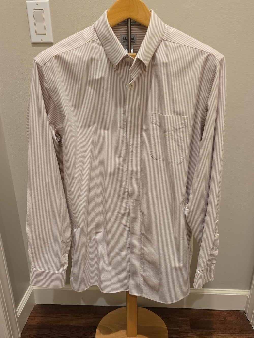 L.L. Bean Men's White Dress Shirt with Light Gray Pinstripes